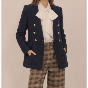 ZARA Women's Navy Tweed Business Casual Long Jacket Gold Buttons Pockets Size Sm